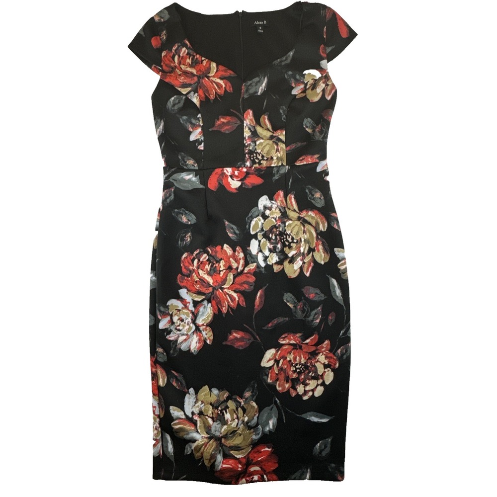 Alexa B Black Floral A Line Dress Size 8 Cap Sleeved